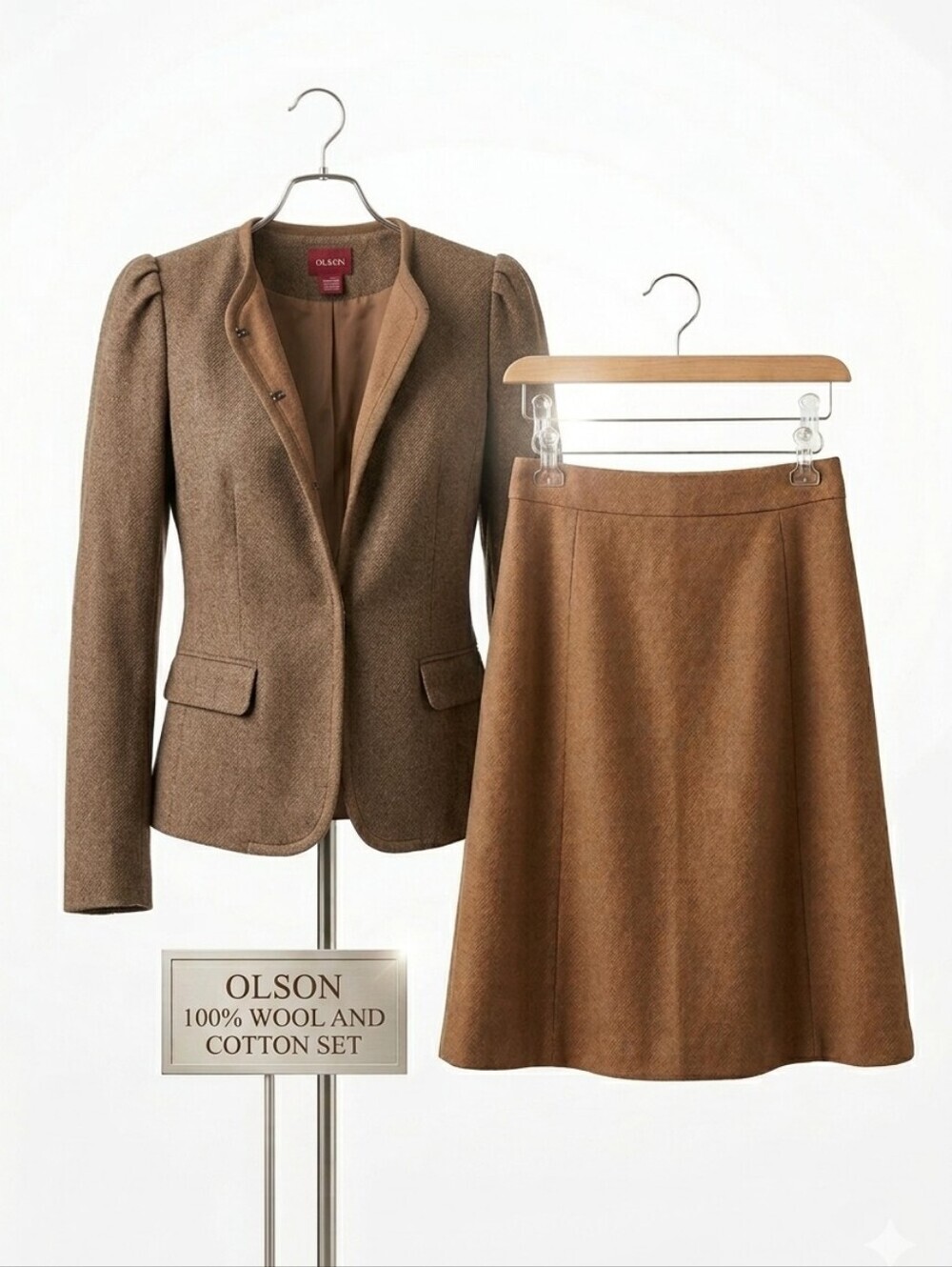 Olsen 2-Piece Skirt Suit Set - Brown Wool Blend Blazer & A-Line Skirt